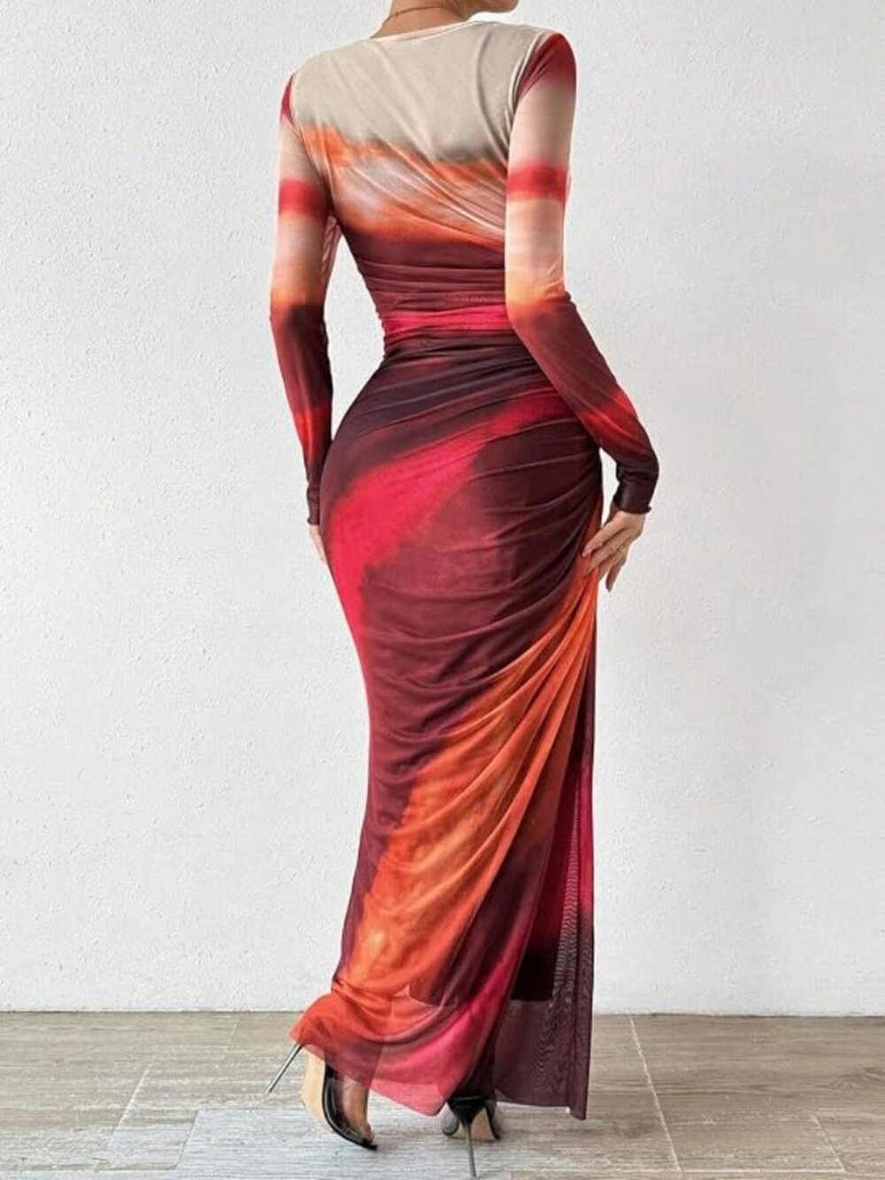 Women's Tie Dye Long Sleeve Maxi Dress Mesh Bodycon Ruched Dress - Size: Small - Picture 6 of 14